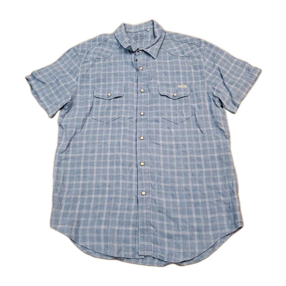 Lucky Brand Mens Medium Shirt Blue Plaid 100% Linen Snap Western Short Sleeve